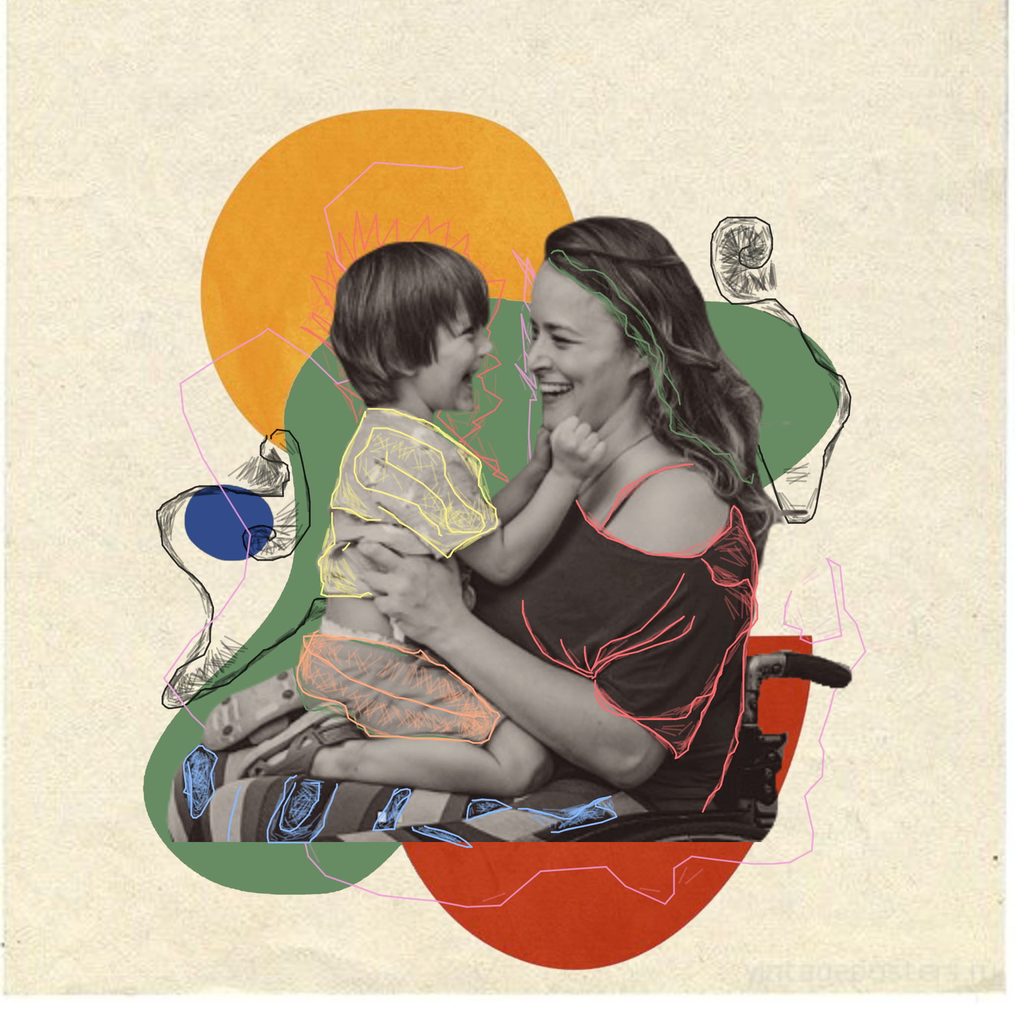 Dia das Mães Lunetas: foto em preto e branco de uma mãe abraçando seu filho e sorrindo. Ao redor, colagem com tons de vermelho, verde e laranja