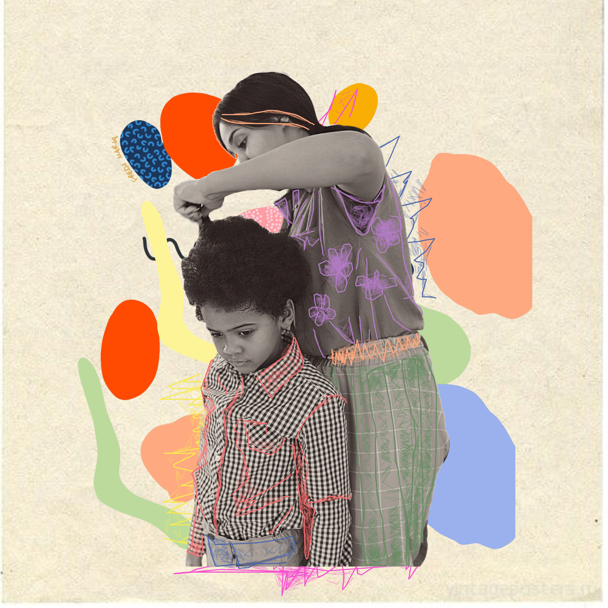 Dia das Mães Lunetas: foto em preto e branco de uma mãe penteando o cabelo de seu filho. Ao redor, colagens em tons de vermelho, azul marinho, azul claro, e laranja