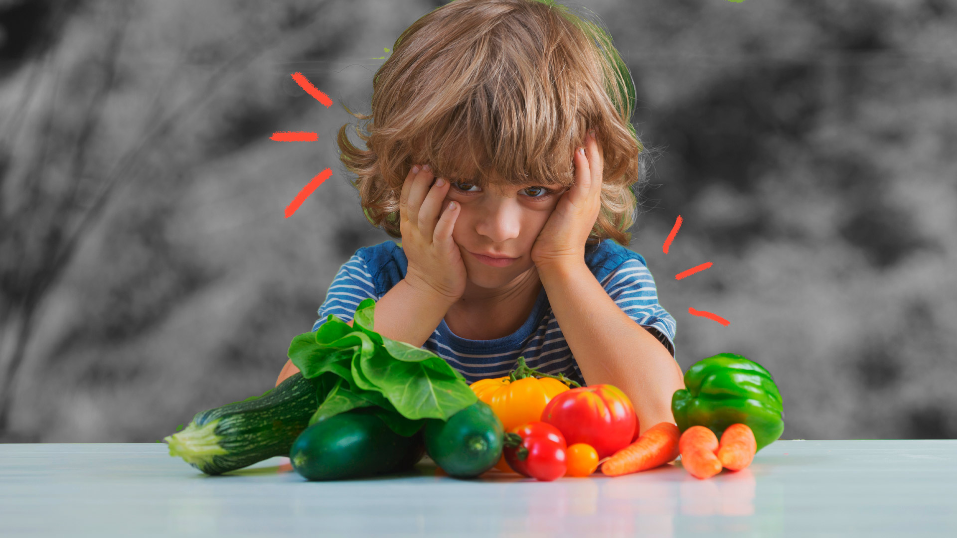 Agrotóxicos e crianças: um menino, de pele clara e cabelo castanho-claro, apoia as mão no rosto, com olhar chateado. À frente, várias frutas e legumes