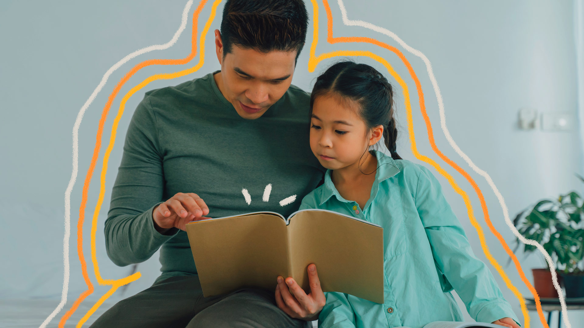Pai e filha leem juntos um livro sem nada escrito ou desenhado na capa