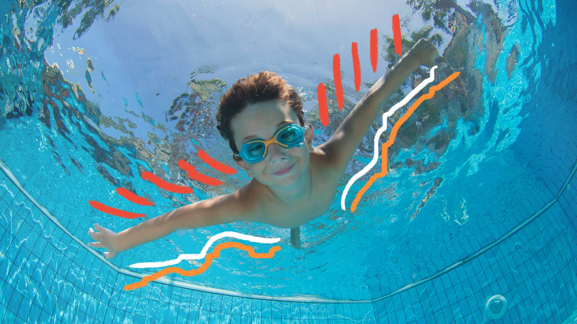 Um menino de braços abertos nadando em uma piscina
