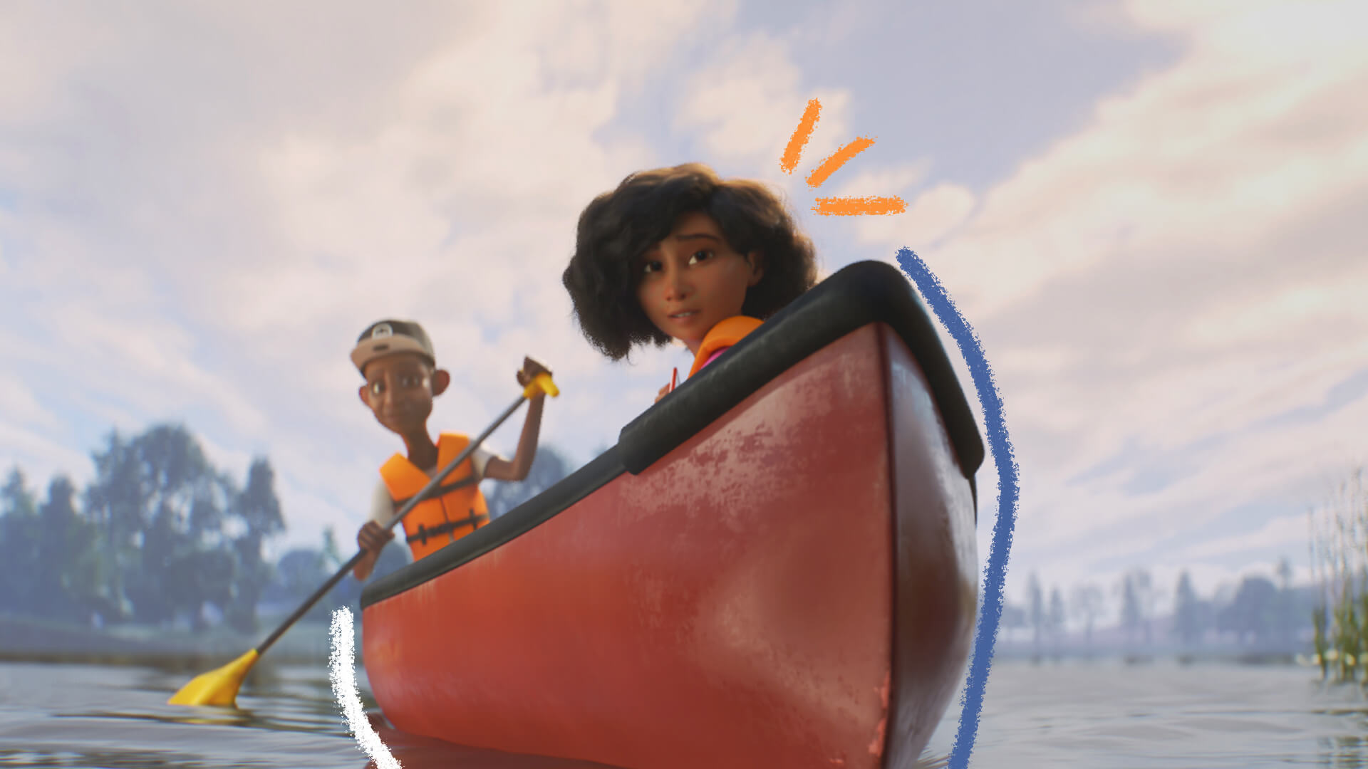 Cena da animação do filme Float, onde uma menina de pele negra e cabelos negros está em um barco em um rio. Do outro lado, o barqueiro rema