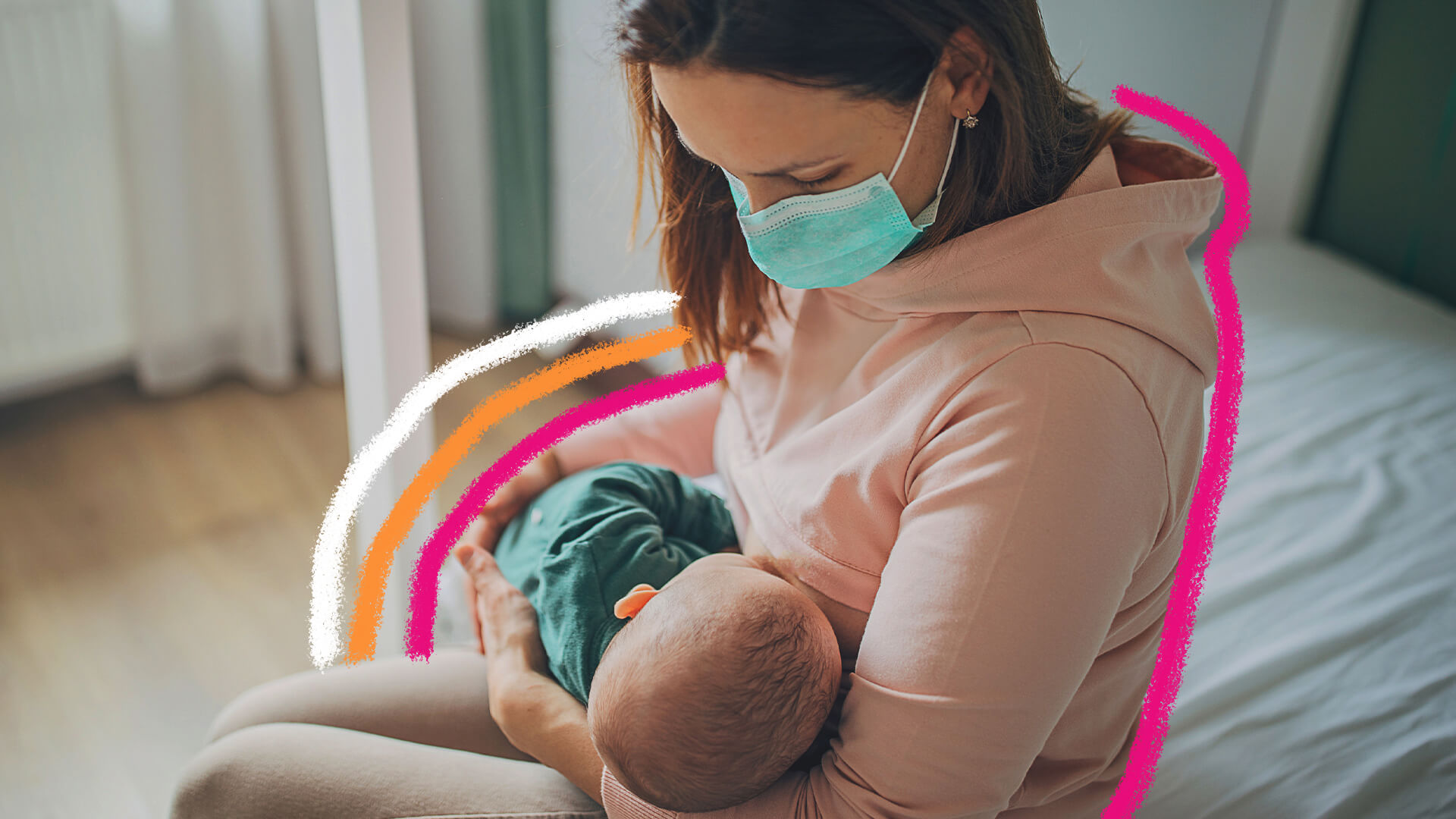Uma mulher usando máscara amamenta seu bebê