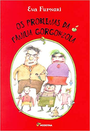Capa do livro “Os problemas da família Gorgonzola”, Eva Furnari. Num fundo vermelho, um retrato da família Gorgonzola