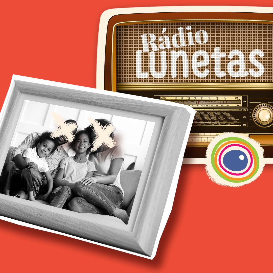 Fotomontagem de logo da Rádio Lunetas (desenho em um rádio antigo) e um retrato de família