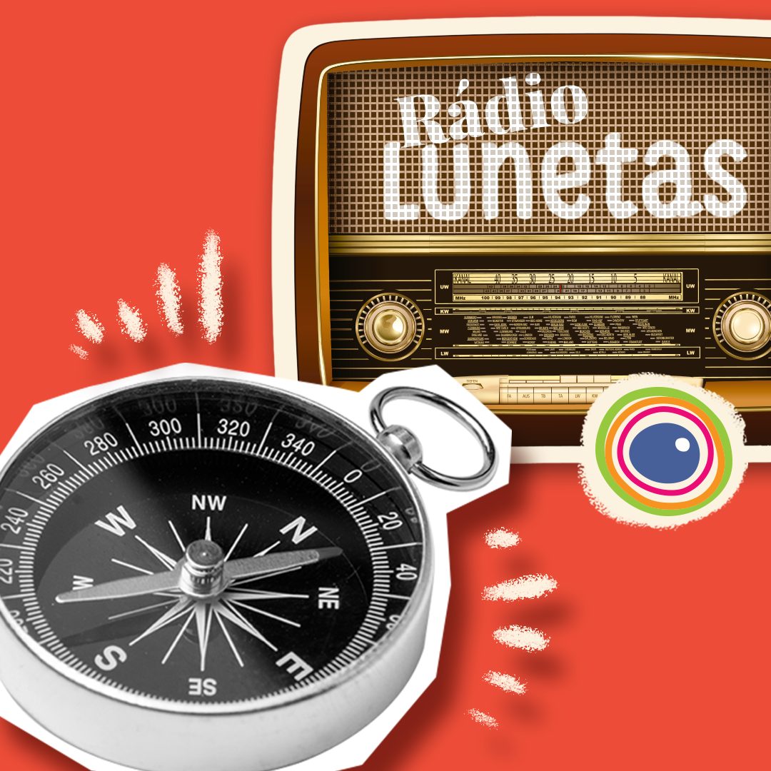 Montagem com logo da rádio Lunetas, com imagem de uma bússola