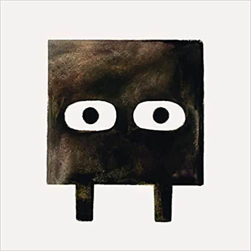 Capa do livro “Quadrado”, Mac Barnett e Jon Klassen. O personagem quadrado, em preto, tem apenas olhos e duas pernas. Outros livros da série trazem os personagens “Triângulo” e “Círculo”.