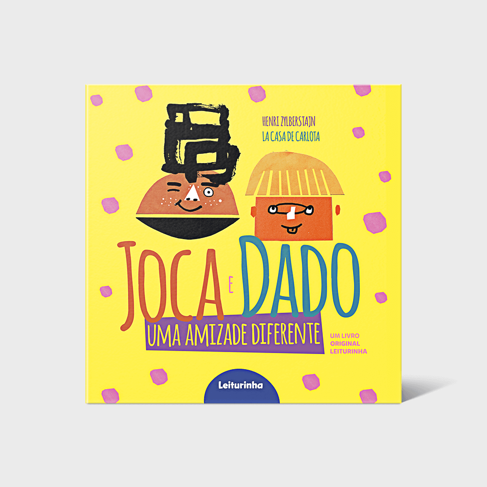 Na foto, capa do livro "Joca e Dado: Uma amizade diferente". A capa tem desenhos de dois meninos em estilo abstrato em um fundo amarelo.