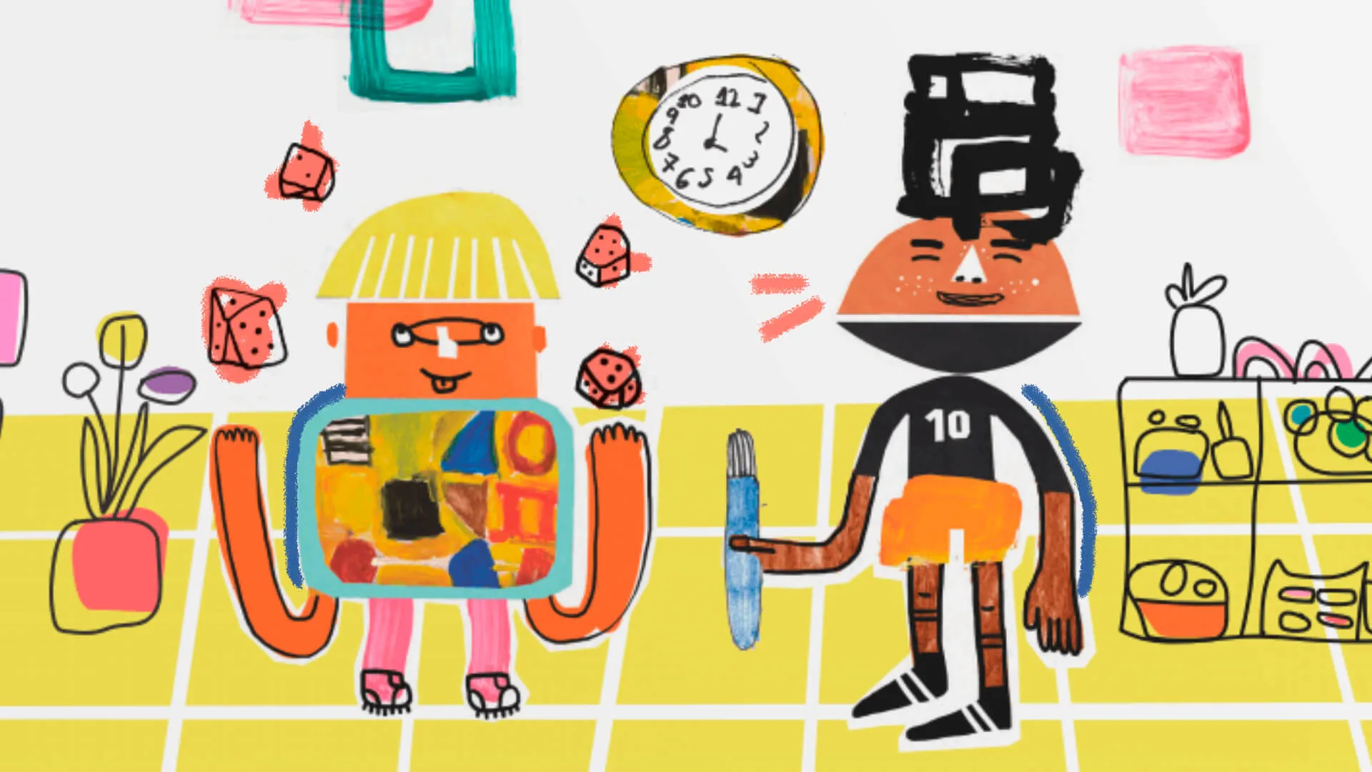 Na foto, ilustração de dois meninos em estilo abstrato.