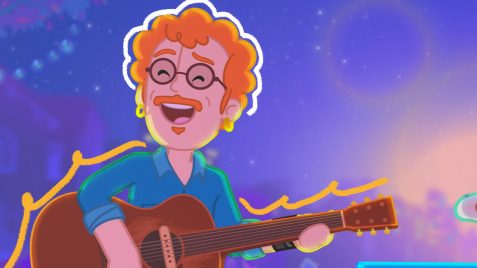 Reprodução de cena da animação "O Morcego (Me Perdoe a Hora), parceria entre Mundo Bita e Nando Reis. Na ilustração, uma versão animada do cantor Nando Reis é mostrada, sorridente enquanto toca violão.