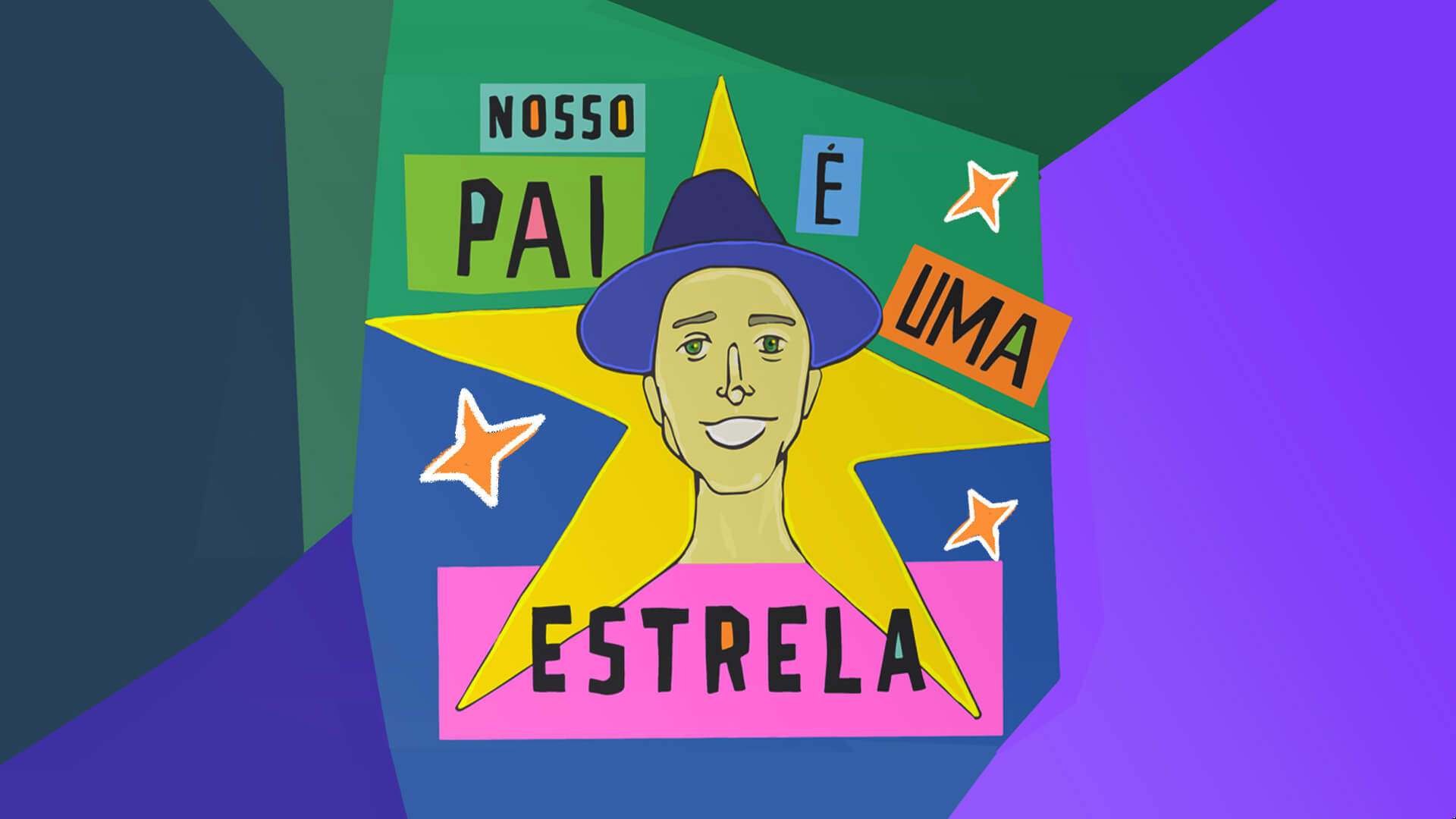 Capa do livro “Nosso pai é uma estrela”, Omar Rosário. Há uma ilustração de Paulo Gustavo usando chapéu sobre uma estrela amarela.
