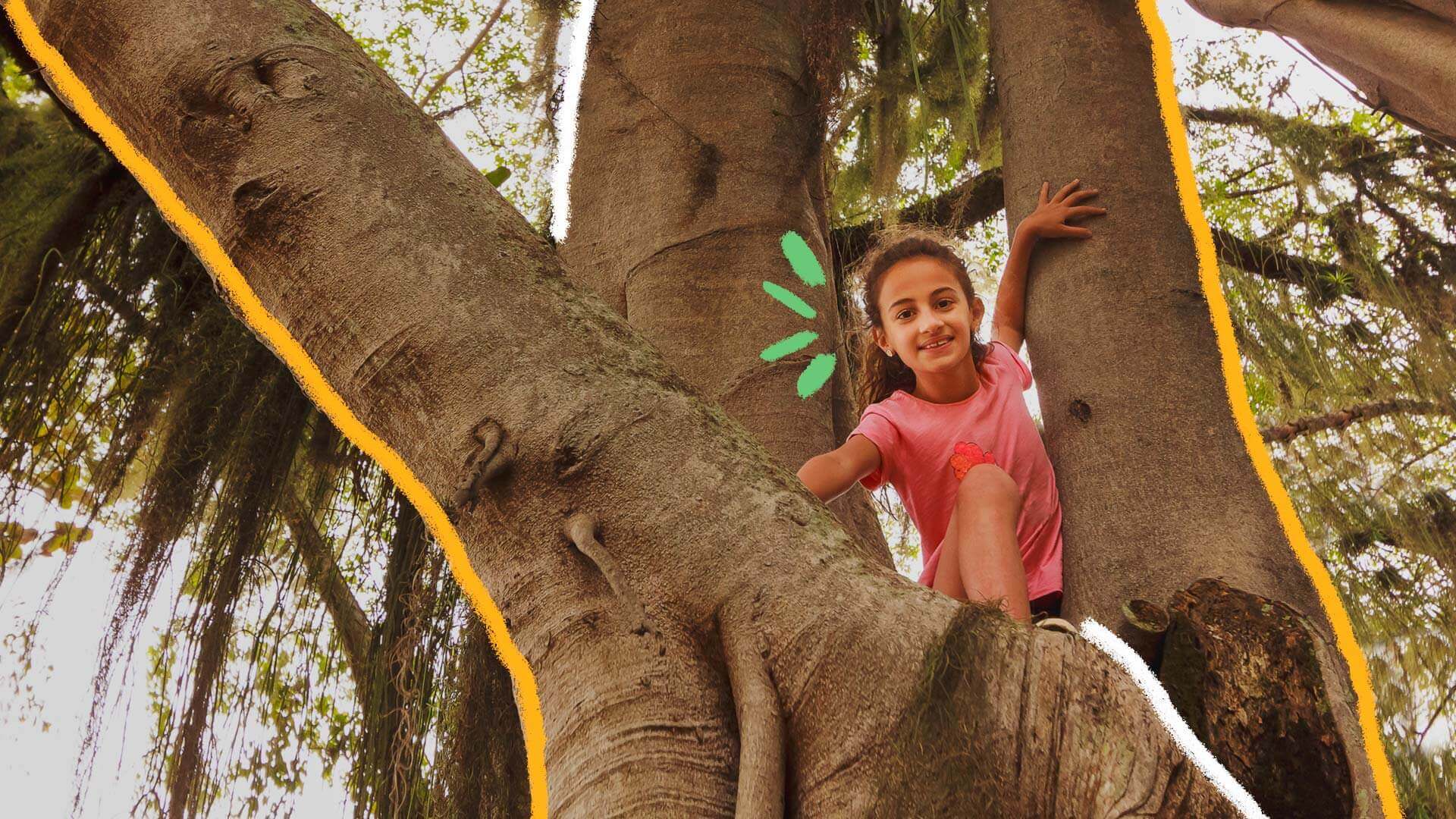 Na foto, menina de pele clara e camiseta rosa aparece sorridente entre troncos de árvores.