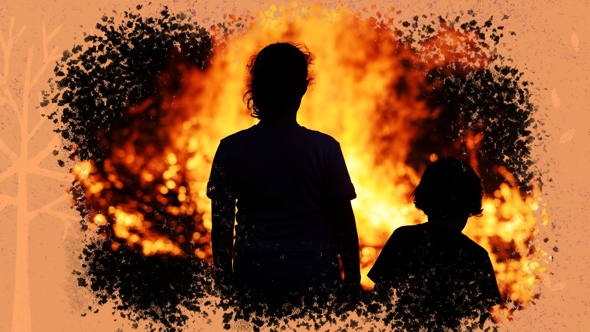 Silhueta de duas crianças, de costas, de mãos dadas, olhando para um incêndio