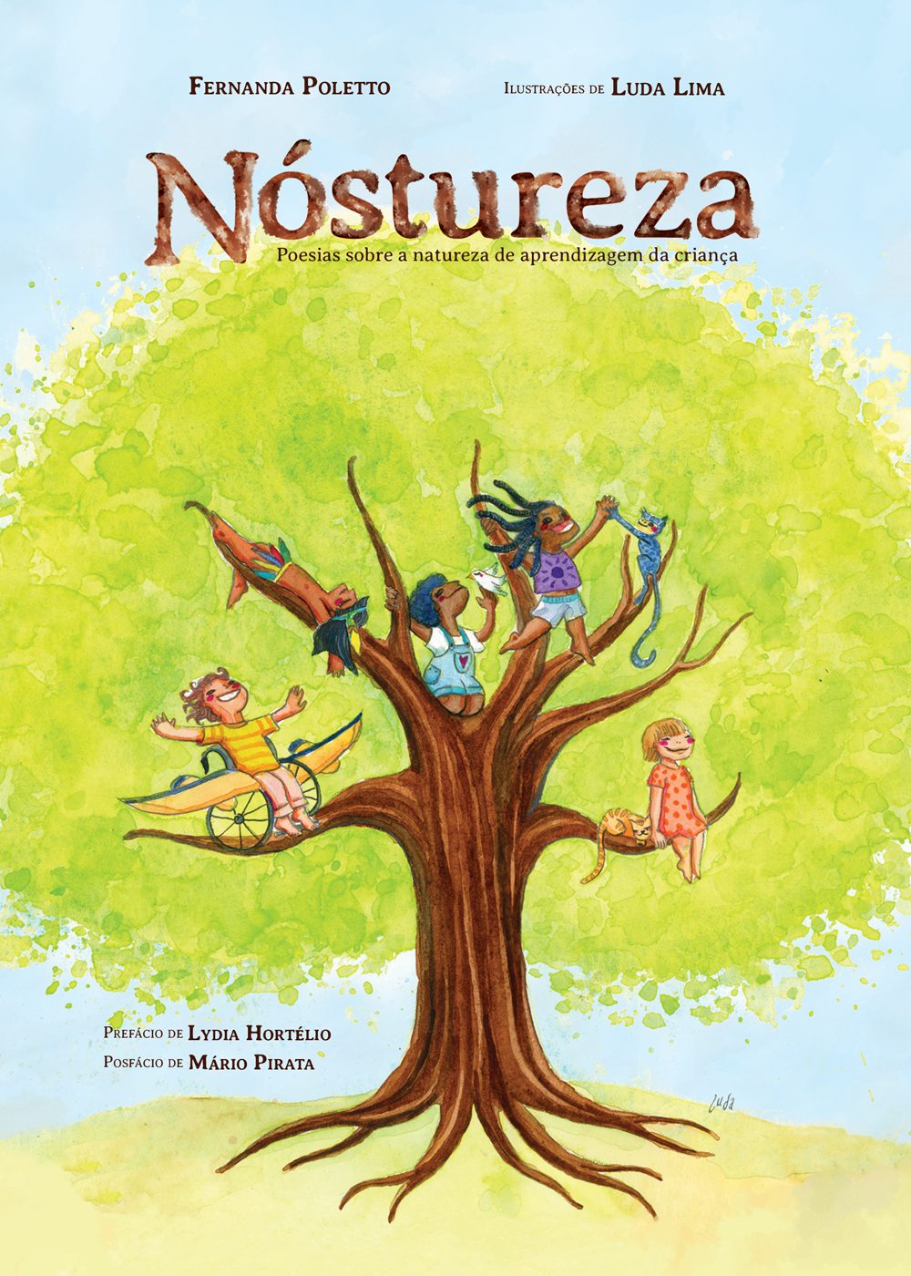 Capa do livro "Nóstureza", de Fernanda Poletto. Há crianças e animais nos galhos de uma árvore