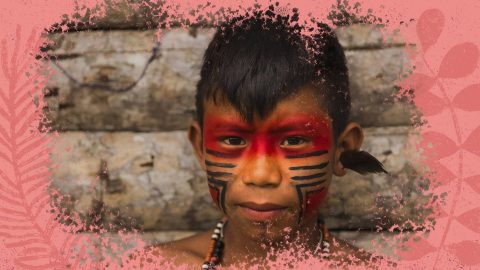 Na foto, uma criança indígena com pinturas olha para a câmera. A imagem contém intervenção de moldura na cor rosa.