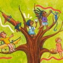 Detalhe da capa do livro "Nóstureza", de Fernanda Poletto. Há crianças e animais nos galhos de uma árvore