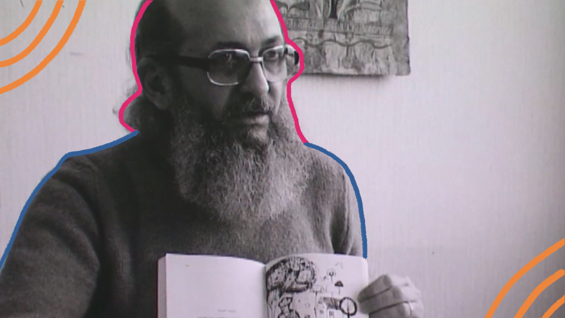 Na foto, reprodução do filme Fonemas da Liberdade, onde o educador Paulo Freire mostra um livro com desenhos.
