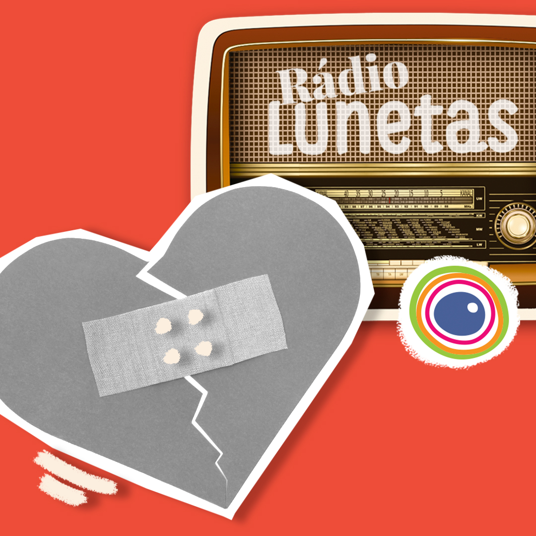 Fotomontagem com logo da Rádio Lunetas (em formato de rádio antigo) e uma foto em preto e branco de um coração partido com um curativo