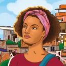 Na imagem, ilustração de Marielle Franco. A imagem possui um plano de fundo representando uma favela.
