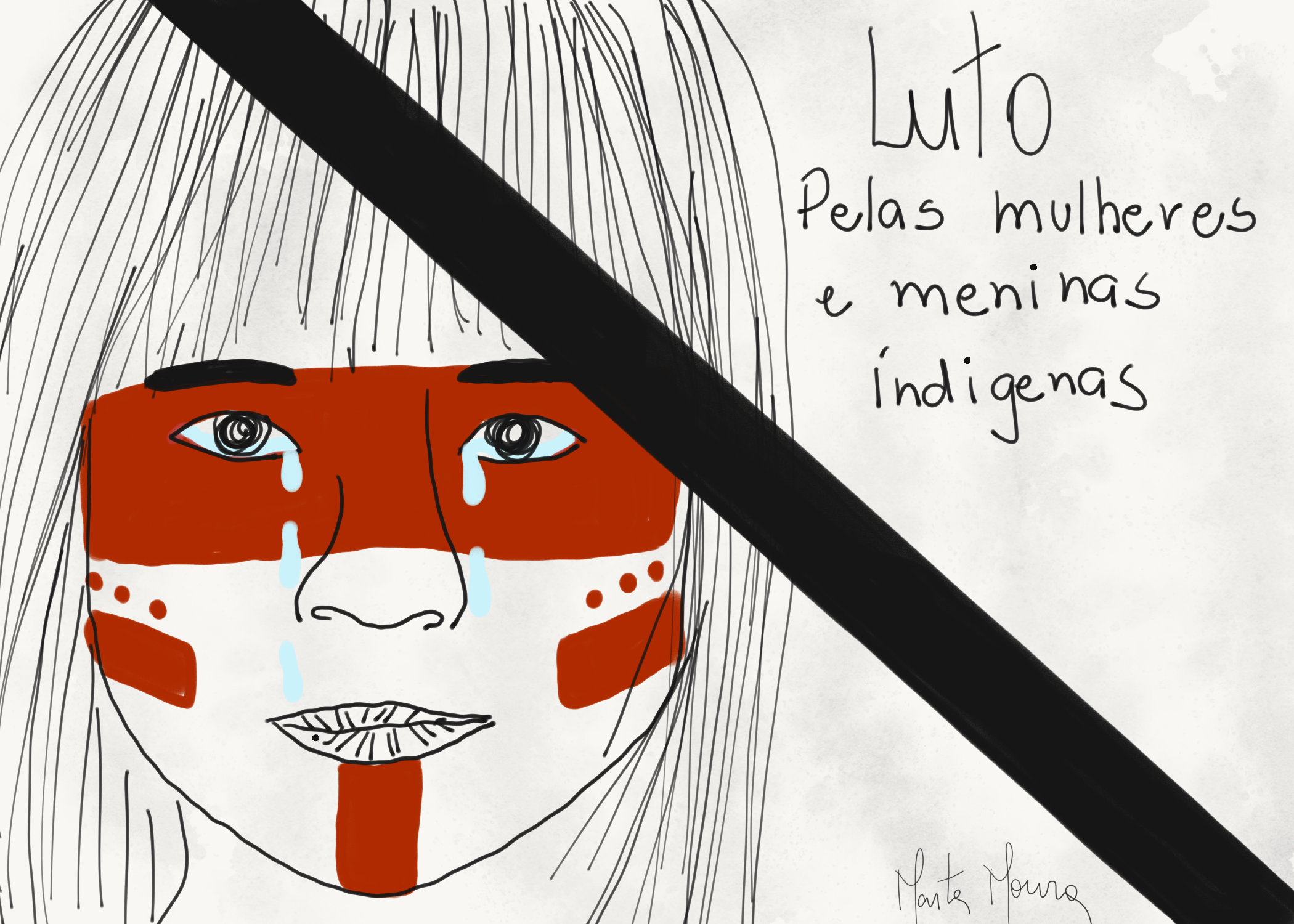 Ilustração de uma criança indígena com pinturas vermelhas no rosto. No canto superior direito, há o texto: "Luto pelas mulheres e meninas indígenas"