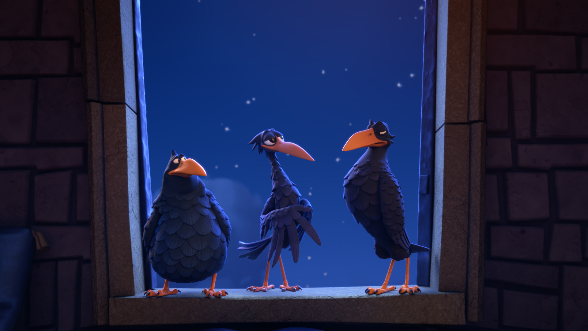 Cena da série "Um conto sombrio dos Grimm", em que três corvos estão no parapeito de uma janela, contra um céu escuro de noite