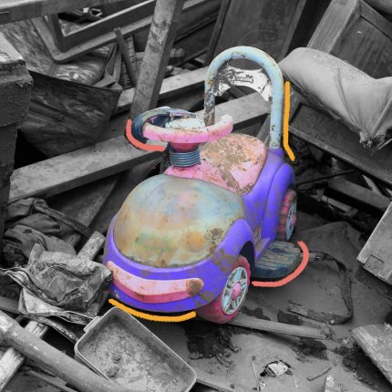 Um carrinho de brinquedo está em destaque, em cores, em meio a casas destruídas, em preto e branco