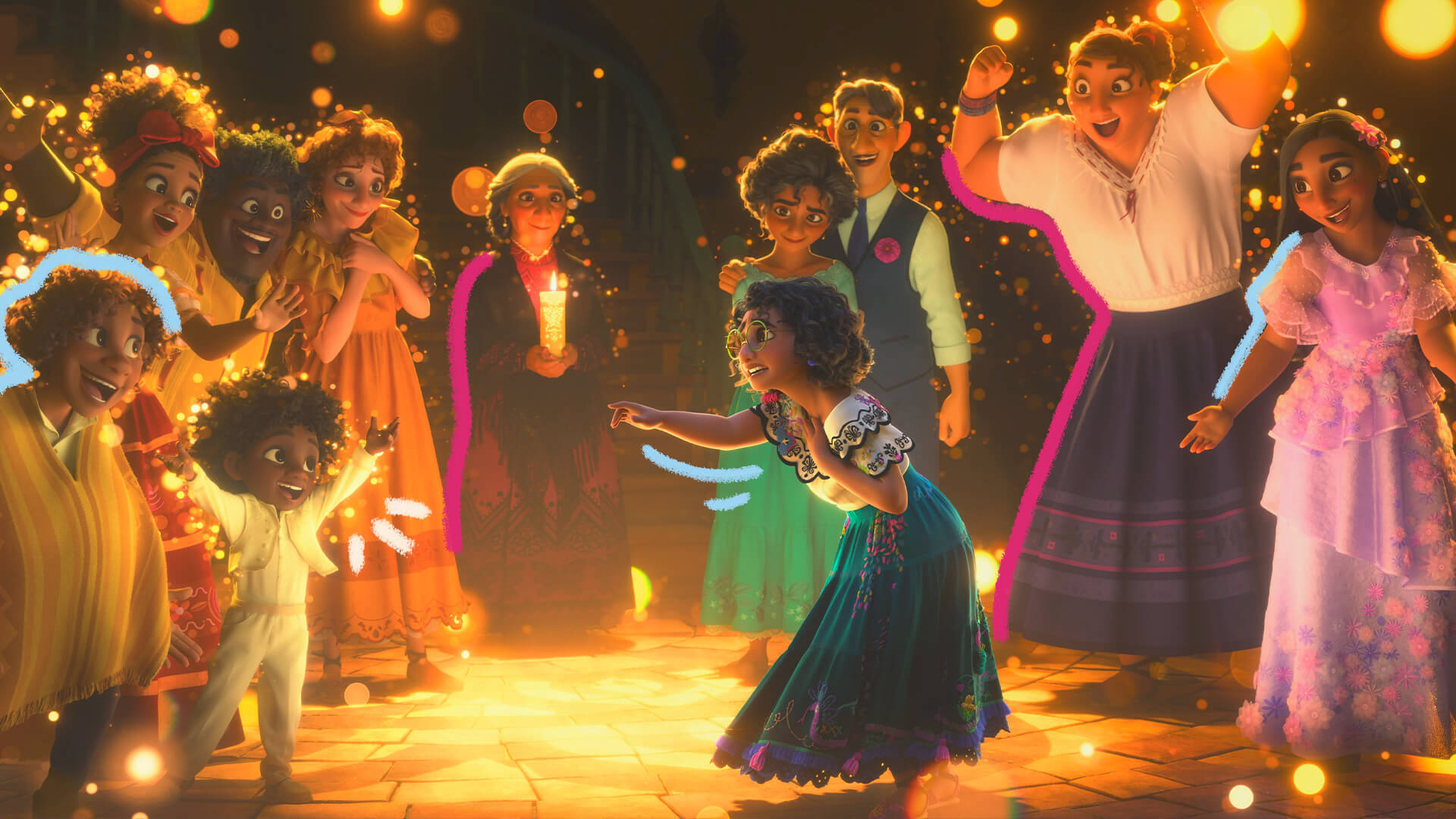 Cena do filme "Encanto", da Disney, em que a personagem Mirabel canta perante os demais