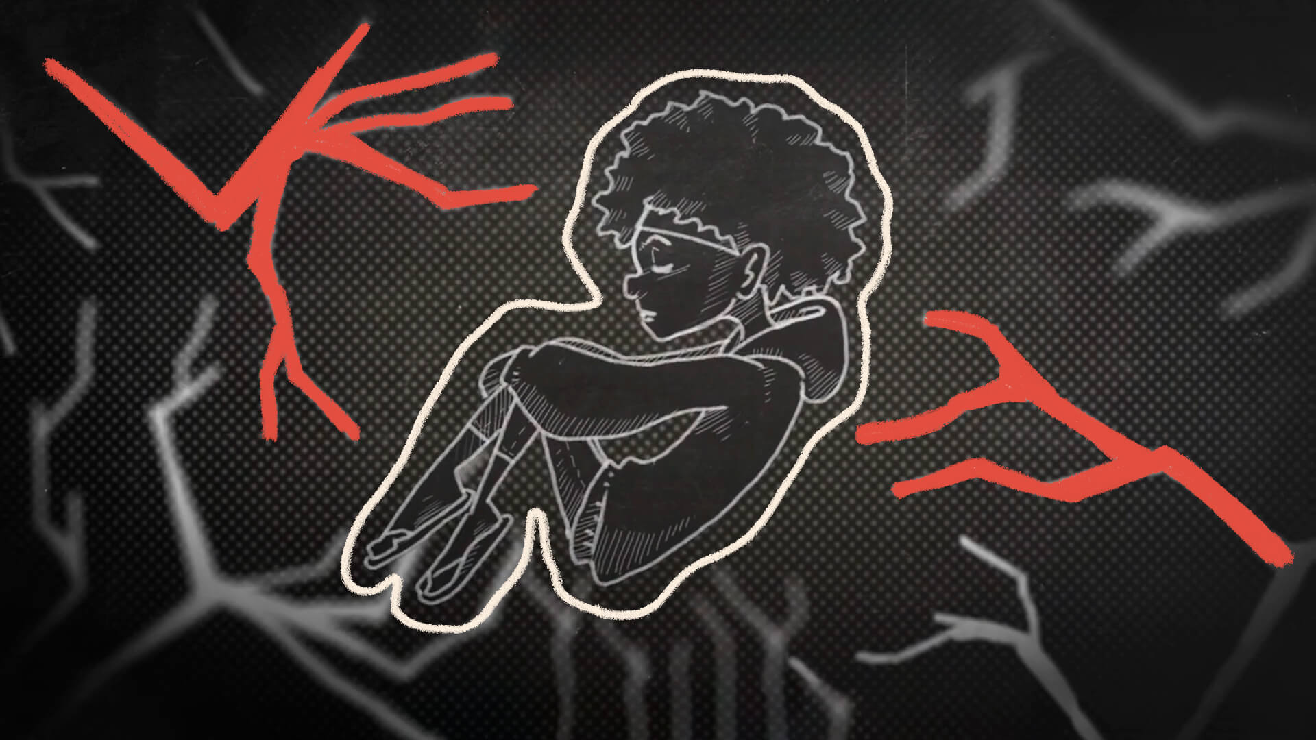 Na ilustração, uma menina de cabelos crespos abraça as pernas e mantém uma feição triste. A imagem é em preto e branco, e possui intervenções de rabiscos na cor vermelha.