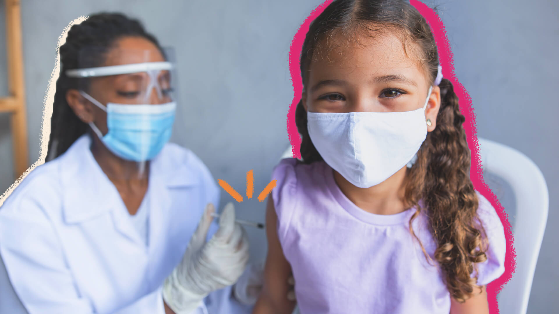 Incentivo a vacinação: na foto, uma menina está sendo vacinada. Ela tem pele clara e utiliza uma máscara. A imagem possui intervenções de rabiscos coloridos.