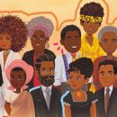 Na foto, ilustração de vinte personalidades negras brasileiras. A imagem possui intervenções de rabiscos coloridos.
