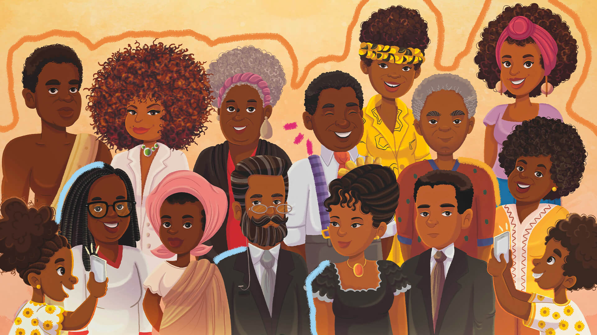 Na foto, ilustração de vinte personalidades negras brasileiras. A imagem possui intervenções de rabiscos coloridos.