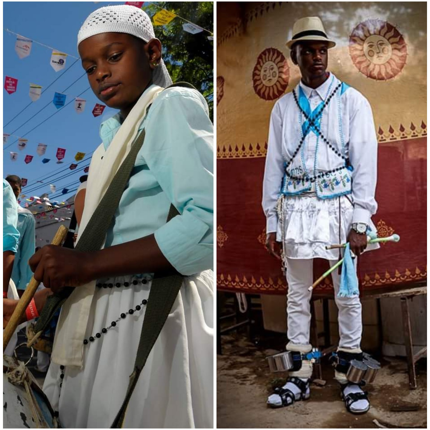 Fotomontagem com duas imagens de um menino na festa do Congado e ele adulto com roupas brancas e azuis e os instrumentos que toca