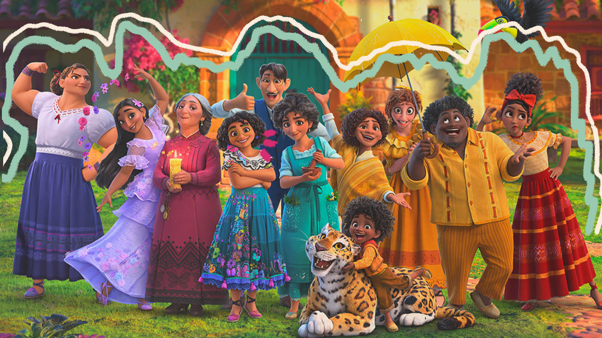 Na foto, família Madrigal no filme Encanto. A imagem possui intervenções de rabiscos coloridos.