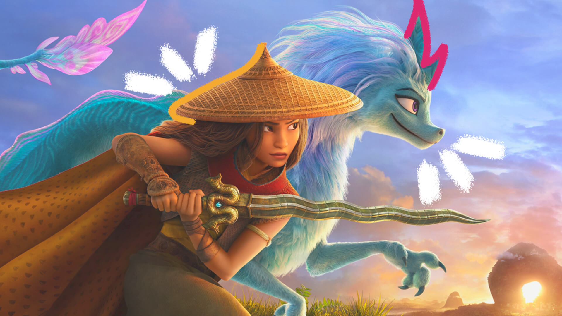 Animações Oscar 2022: ilustração com os personagens da animação infantil “Raya e o dragão”. A imagem mostra uma menina, com um chapéu na cabeça, que tem uma espada em suas mãos. Ao lado, está um animal de coloração azul clara.
