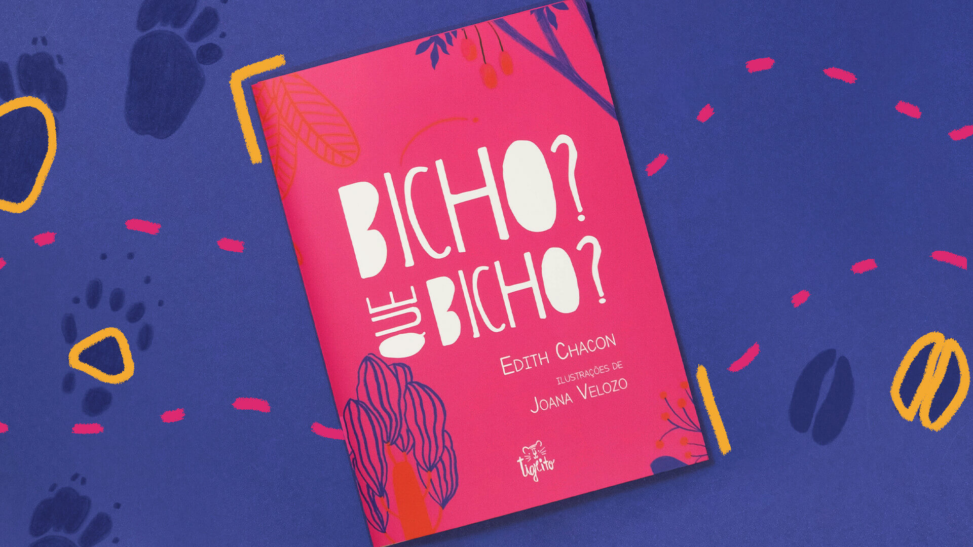 Num fundo azul escuro com rabiscos coloridos está a capa do livro, que é pink e traz o título "Bicho? Que bicho?" em letras brancas