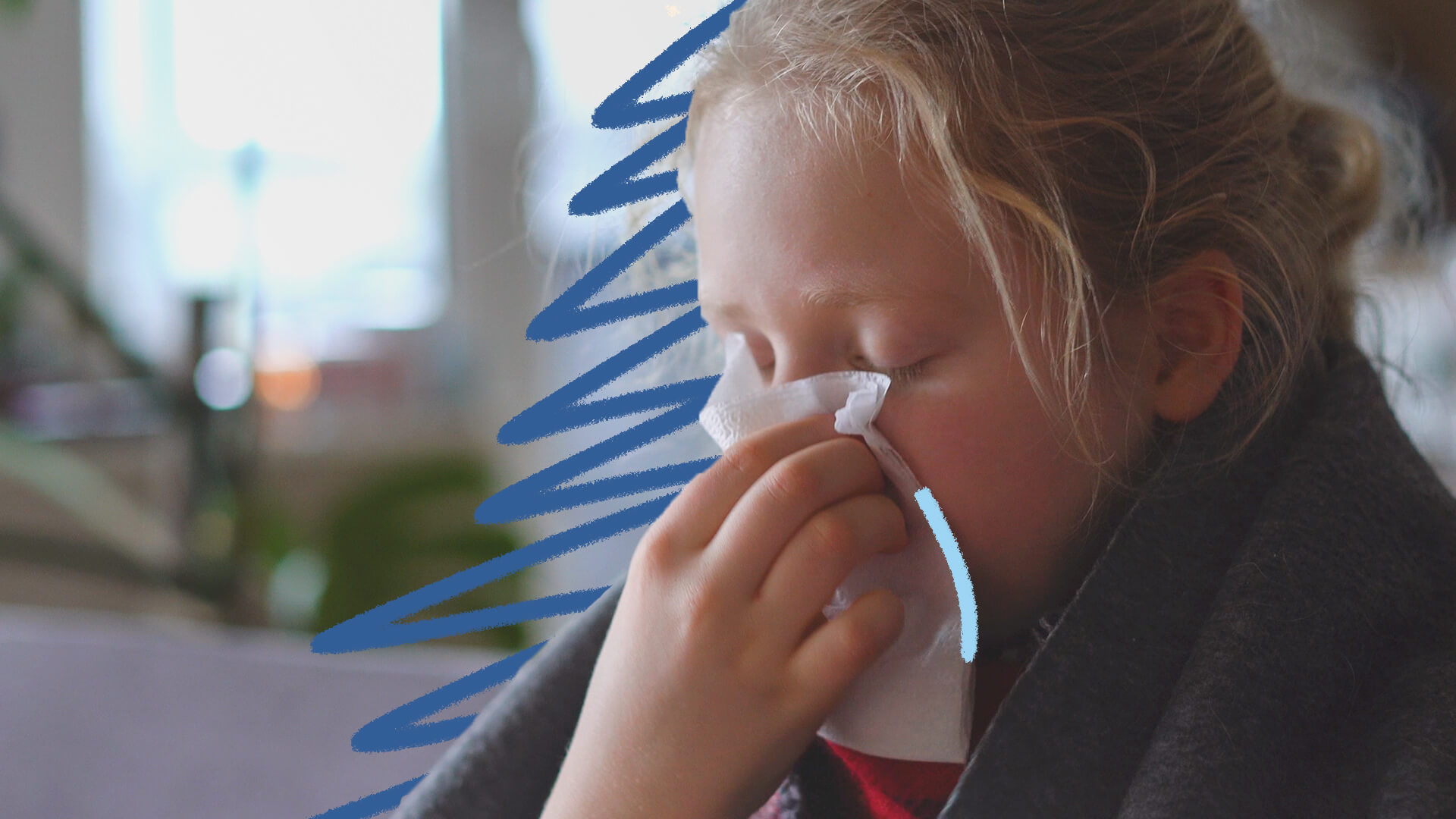 Na foto, uma menina de pele clara espirra e limpa o nariz com um lenço de papel. A imagem possui intervenções de rabiscos coloridos em tom azul escuro.