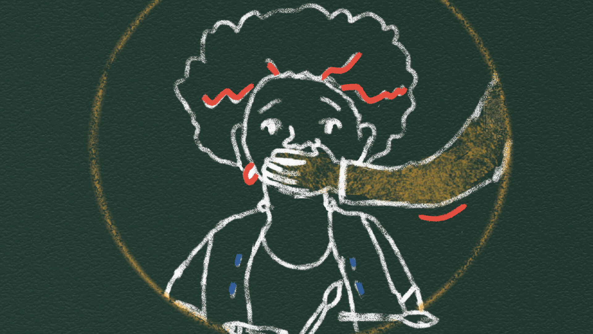 Na foto, ilustração de uma mulher de cabelo afro sendo silenciada com uma mão em sua boca. O desenho é feito com giz em uma lousa.