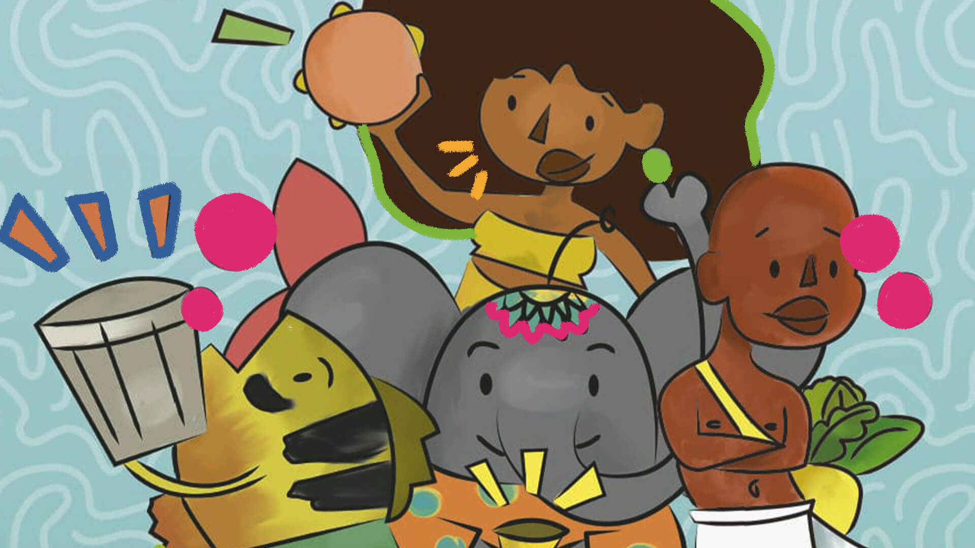 Na ilustração, um grupo formado por uma sereia negra, um menino negro, um peixe e um elefante seguram instrumentos musicais. A imagem possui intervenções de rabiscos coloridos.