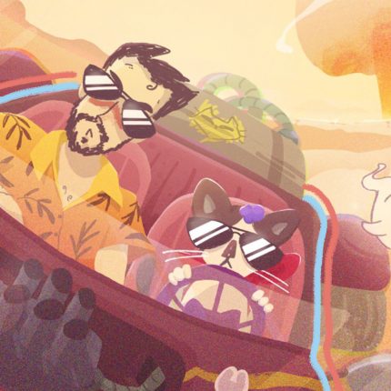 Canção de miar: na ilustração, um homem branco usa óculos escuro e uma camisa amarela. Ele está num carro guiado por um gato, que também usa óculos escuro. Uma foca fantasma acompanha os dois na trajetória. A imagem possui intervenções de rabiscos coloridos.