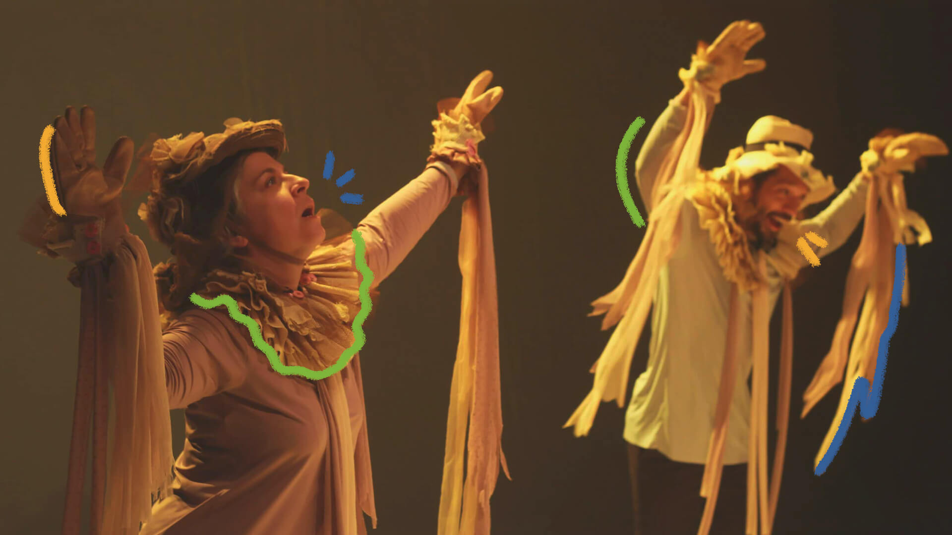 Vambora!: na foto, atores usam roupas em tons de bege. A imagem possui intervenções de rabiscos coloridos.