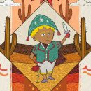 Na foto, ilustração de um menino no sertão. Ele utiliza trajes do personagem "pequeno príncipe", na cor verde e branca, possui pele escura e segura uma adaga.
