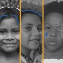 Lunetas Correspondentes segunda edição. Fotomontagem com cinco crianças. A imagem está em preto e branco e possui intervenções de rabiscos coloridos.