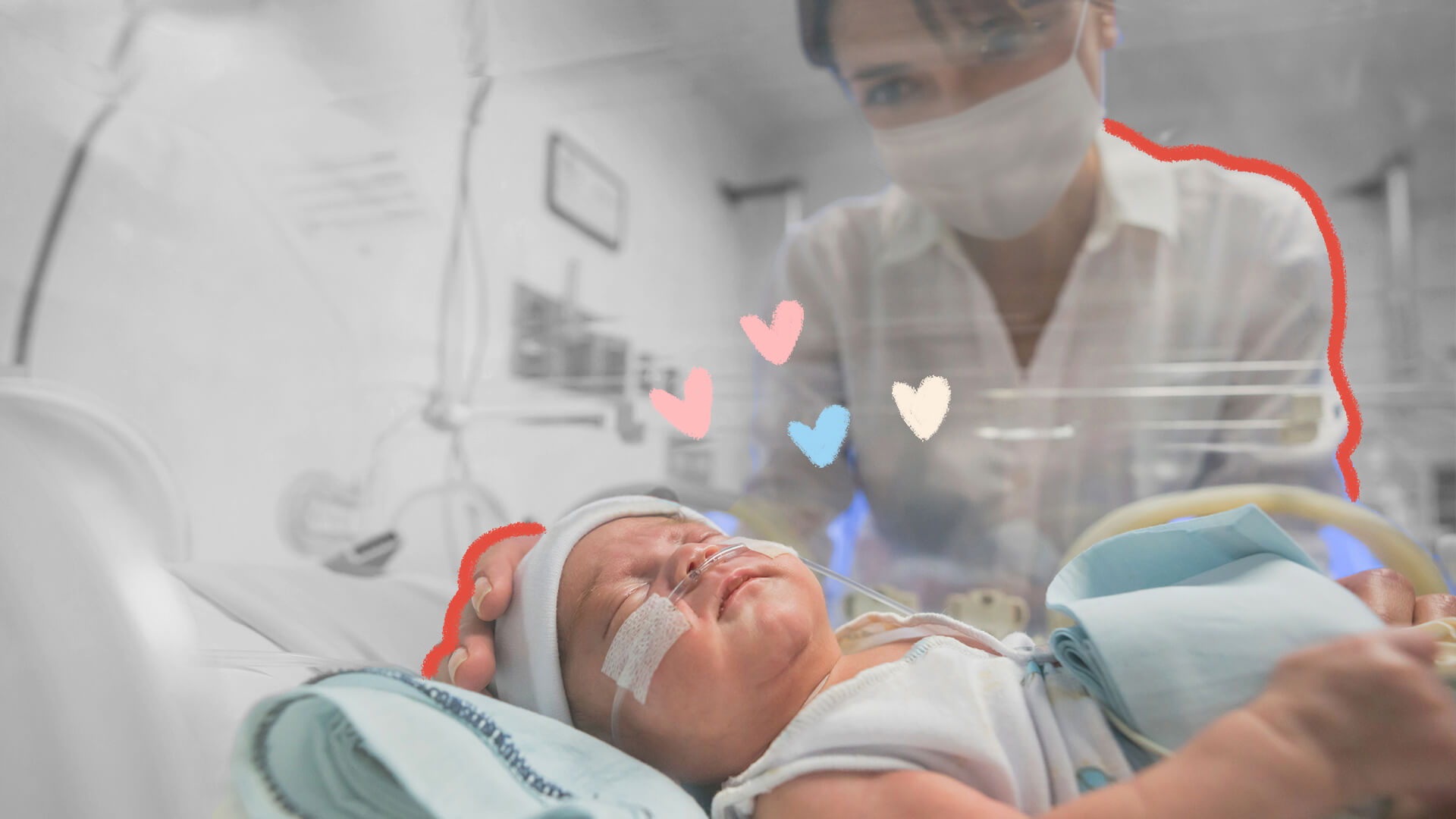 Licença-maternidade estendida: Na imagem, um bebê prematuro está dentro de uma incubadora. A imagem possui intervenções de rabiscos coloridos.