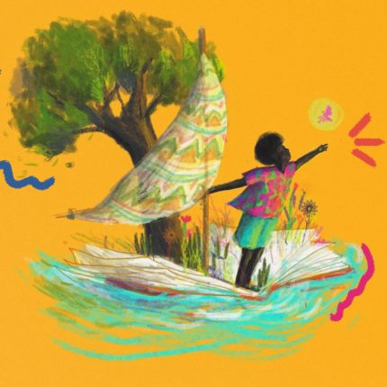 Capa do podcast "Calunguinha" em que um menino negro navega um barco em fundo amarelo. Atrás dele, há uma árvore.