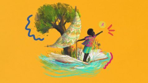 Capa do podcast "Calunguinha" em que um menino negro navega um barco em fundo amarelo. Atrás dele, há uma árvore.