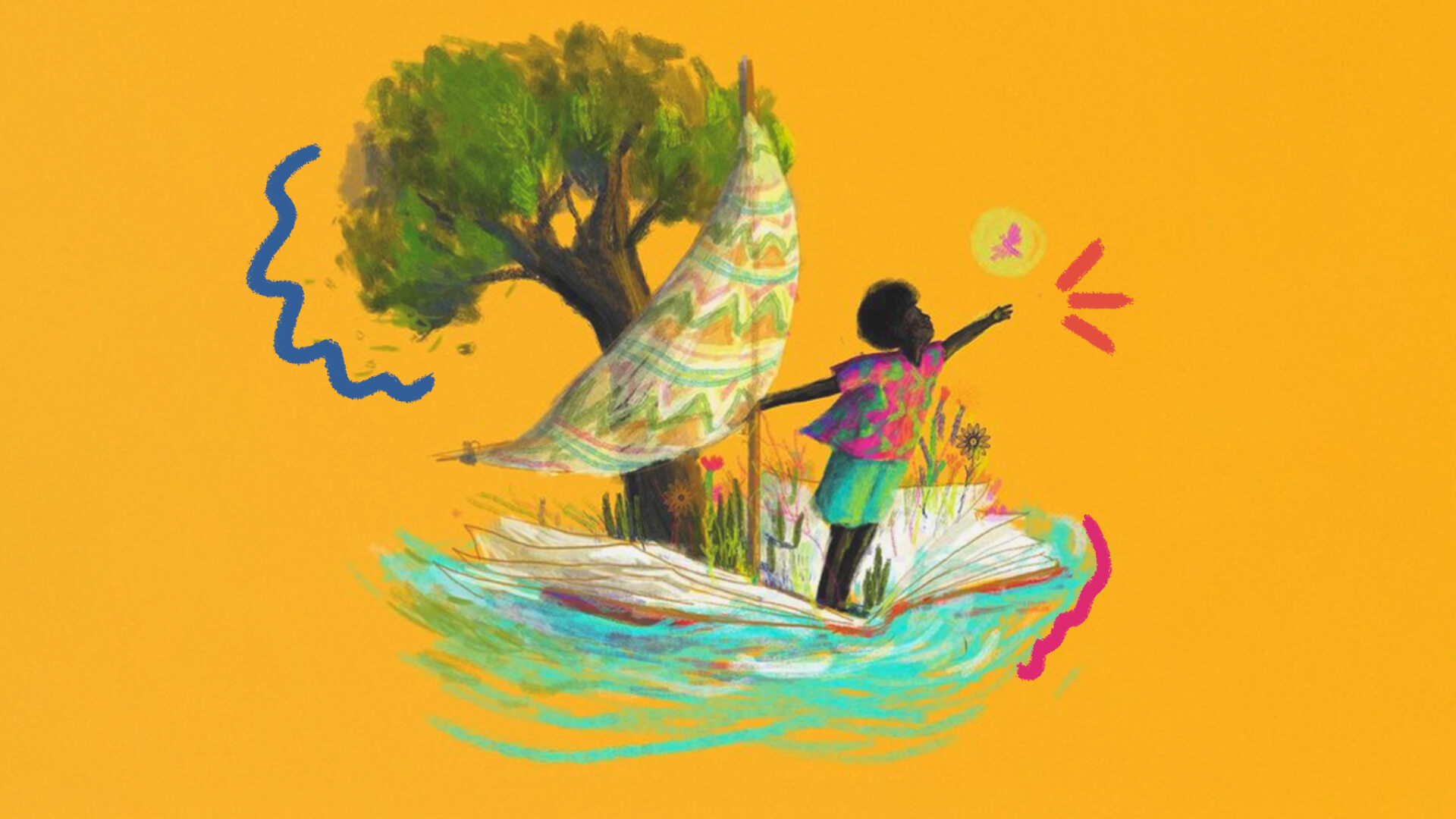 Capa do podcast Calunguinha em que um menino negro navega um barco em fundo amarelo. Atrás dele, há uma árvore.