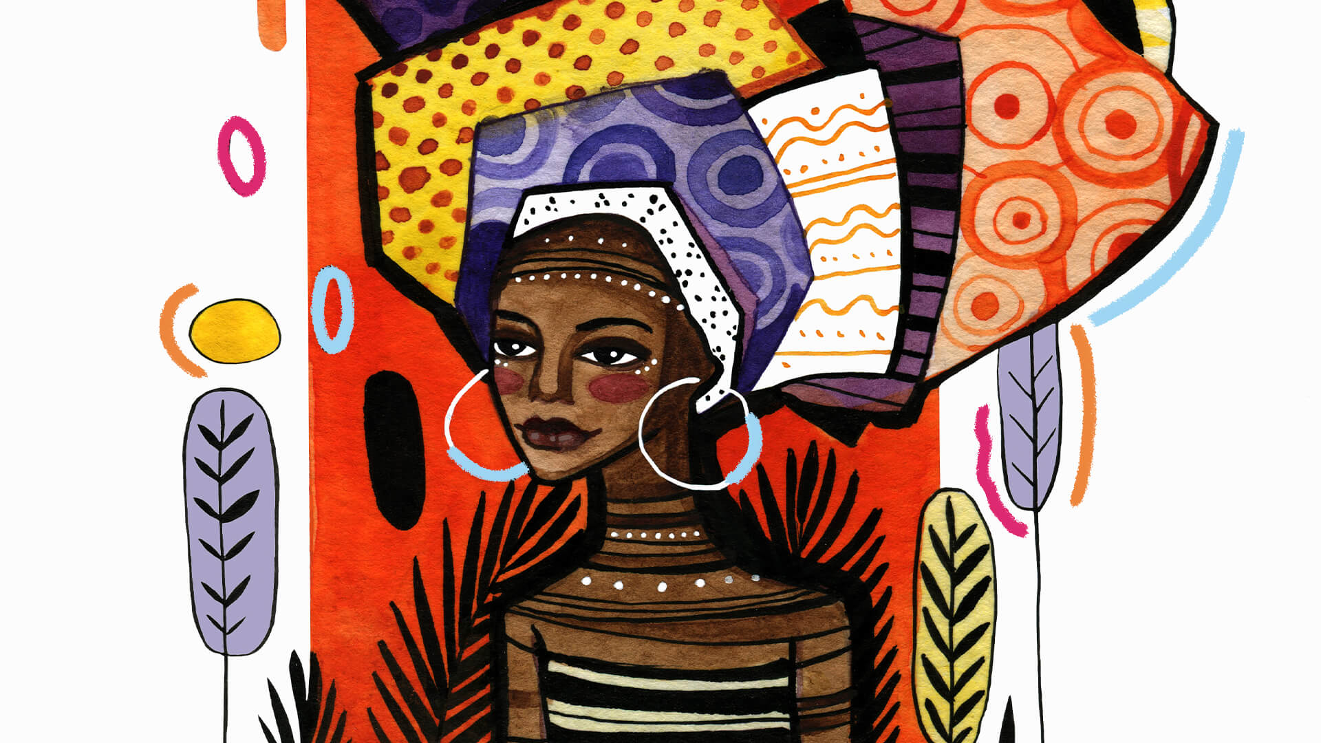 Ilustração de uma mulher negra com diversos desenhos étnicos africanos em suas roupas e cabelos.