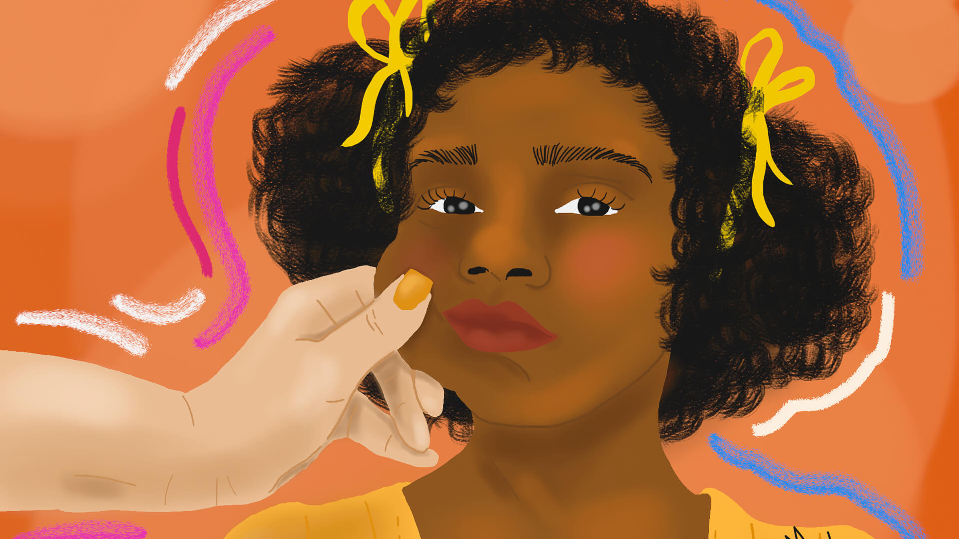 Ilustração de uma menina negra. Uma mão branca puxa sua bochecha, a deixando desconfortável. A imagem possui intervenções de rabiscos coloridos.