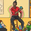 Na ilustração, um professor negro leciona para um grupo multiétnico de crianças.
