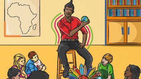 Na ilustração, um professor negro leciona para um grupo multiétnico de crianças.